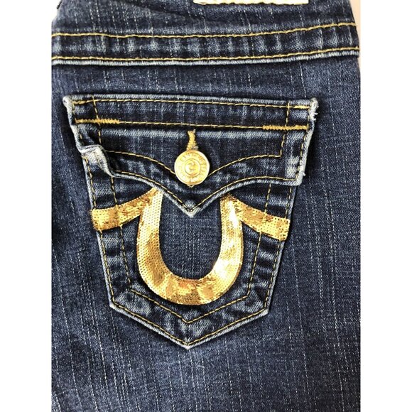 True Religion World Tour Billy Womens 26x29 Blue Denim Jeans Straight Gold Hem - Picture 5 of 9